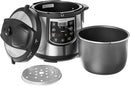 Presto 6-quart electric pressure cooker in black and silver with digital display, on a white background.