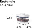 Dimensions for Compact 0.5 qt OXO POP container with clear sides and white lid, shown sealed and filled with sugar cubes on a white background.