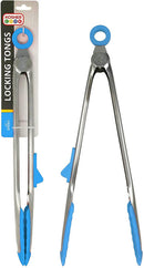 A pair of The Kosher Cook stainless steel locking tongs with blue silicone tips and handle accents. One pair is shown in its original packaging, which is white and features the Kosher Cook logo and "LOCKING TONGS" text. The packaging also indicates "DAIRY." The other pair of tongs is shown fully extended.