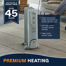 Light gray DeLonghi oil-filled radiator space heater with wheels and integrated handle 