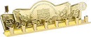 gold tin menorah for Chanukah, each with eight candle holders on a white background.