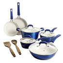 Kenmore Arlington 12-piece metallic blue nonstick ceramic cookware set with pots, pans, and utensils on a white background.