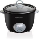 Hamilton Beach 20-cup rice cooker with nonstick bowl and glass lid, shown on a white background.