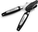 Close-up of a black and silver Farberware Professional Can Opener with a comfortable grip handle and a smooth-turning mechanism.