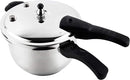 Stainless steel 6.7-quart pressure cooker with black handles and mirror polish finish, shown with lid on against a white background.