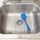 Premium Stainless Steel Kitchen Sink Grid, ideal for protecting sinks and drying dishes. This durable rack features rubberized feet and an opening for the drain, designed for easy operation and versatile kitchen preparation.