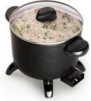 Presto black multi-cooker/steamer with glass lid and basket on a white background.