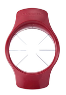 Red KitchenAid fruit slicer with stainless steel blades and ergonomic handles on a white background.