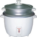 White Brentwood 4-cup rice cooker with steamer basket and clear glass lid on a white background.