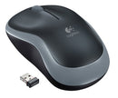 Close-up of gray and black Logitech wireless mouse with USB receiver