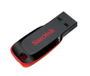 Angled view of black and red SanDisk Cruzer Blade USB flash drive showing connector