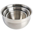 Three round, silver, shiny bowls of varying sizes, arranged from largest to smallest, showing a reflective surface.