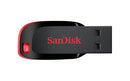Top view of black and red SanDisk Cruzer Blade USB flash drive on white background