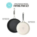Martha Stewart Lockton set of two aluminum frying pans, one 10-inch with a dark non-stick interior and a stainless steel handle, and one 12-inch with a light-colored cooking surface and a stainless steel handle.