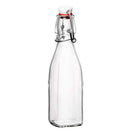 Reusable and stylish clear glass bottle with a metal clasp swing stopper and a white and orange seal.