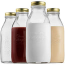 clear 33.75 oz Bormioli Rocco Quattro Stagioni bottles with embossed fruit and vine design, displayed on a white background.