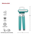 Teal handled KitchenAid can opener with a silver cutting mechanism and bottle opener.
