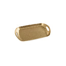 Elegant rectangular gold serving tray with textured finish and cut-out side handles, shown on a white background.