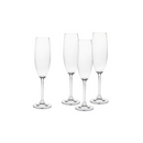 Set of four Godinger Meridian champagne flutes with clear glass design, displayed on a white background.