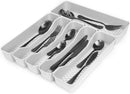Silver-colored utensil tray for drawers, by Spectrum Diversified, designed to keep silverware and kitchen tools neatly organized.
