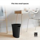 A pair of slim, black, oval-shaped trash cans with a slightly tapered design. Each can has a handle integrated into its top rim, which is cut at an angle.