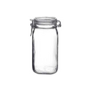 Empty clear glass Bormioli Rocco Fido canning jar with a metal wire latch and an airtight lid.
