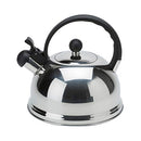Chrome stainless steel whistling tea kettle with black handle on a white background.