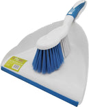A white Uniware C21-10452 dustpan and hand broom set with blue bristles and handle accents. The dustpan is 9 x 13 inches.