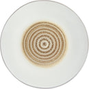 Dinner Plate: Taupe stoneware dinner plate with embossed spiral pattern and flat rim, shown on a white background.