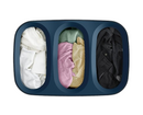 90-liter laundry hamper in black and dark blue with three removable bags and a lid, shown on a white background.
