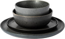 Truffle gray 16-piece stoneware dinnerware set with dinner plates, salad plates, soup bowls, and smaller bowls on a white background.