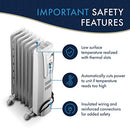 Light gray DeLonghi oil-filled radiator space heater with wheels and integrated handle