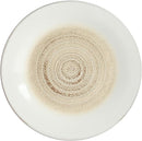 Dessert Plate: Taupe stoneware dessert plate featuring a slightly smaller size with matching spiral design, shown on a white background.
