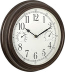 Westclox 12-inch indoor/outdoor wall clock with temperature and humidity gauges in bronze on a white background.