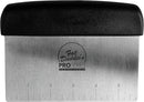 Fat Daddio’s stainless steel bench scraper with black handle, 4.5 x 6 inches, shown on a white background.
