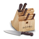 A 7-piece knife block set with rosewood-handled knives displayed in a wooden block on a white background.

