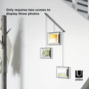 A modern black frame photo display featuring three frames suspended from a horizontal bar by thin rods.