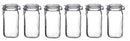 A row of six empty clear glass Bormioli Rocco Fido canning jars, each with a metal wire latch and an airtight lid.