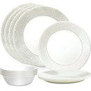 Corelle 12-piece dinnerware set with sage-grey hexagon pattern displayed neatly on a white background.