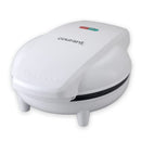 White mini griddle and pizza maker with red and green indicator lights on top, showing its compact size.