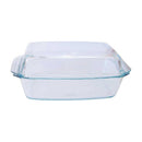 A Simex oblong glass casserole dish with a matching clear glass lid, designed for baking, roasting, and serving meals.