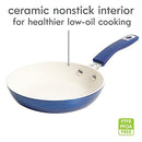 Kenmore Arlington 12-piece metallic blue nonstick ceramic cookware set with pots, pans, and utensils on a white background.