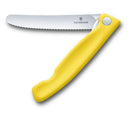 Victorinox foldable serrated knife with a yellow handle and stainless steel blade, displayed on a white background.