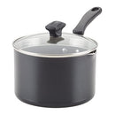 A 3-quart capacity saucepan by Farberware, featuring a nonstick surface, an aluminum body, and a tempered glass lid.