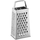 4-sided stainless steel grater standing upright on a white background.