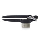 Black potato and vegetable ricer with a sturdy design, showing a metal mashing basket and long handles.