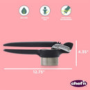 Black potato and vegetable ricer with a sturdy design, showing a metal mashing basket and long handles.