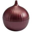 A red onion-shaped plastic container designed to store cut onions and trap odors, shown on a white background.