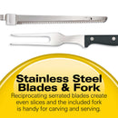 White Hamilton Beach electric knife set with stainless steel blades, fork, and storage case, displayed on a white background.
