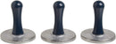 Nordic Ware set of three silver cast aluminum cookie stamps with midnight blue wooden handles, each with starry round designs, shown on a white background.